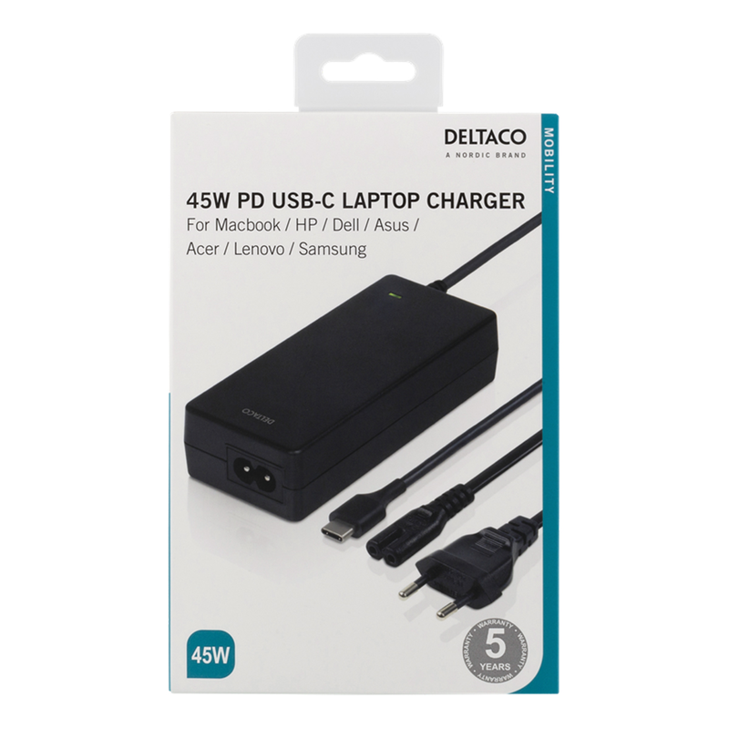 Deltaco 45W USB-C Laptopladdare, PD, 2m, svart