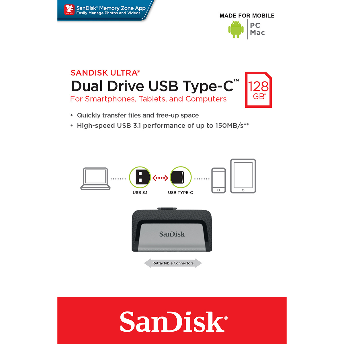 128GB SanDisk Ultra Dual 3.1 USB-minne med dubbla kontakter
