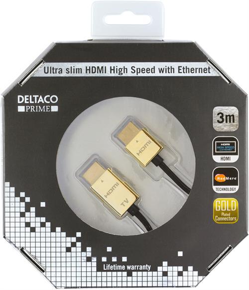 Deltaco Prime ultratunn HDMI-kabel guldpläterad, 3m