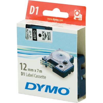 Dymo D1 märktejp, 12 mm, svart text på vit tejp, 7 m