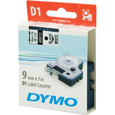 Dymo D1 märktejp, 9 mm, svart text på vit tejp, 7 m