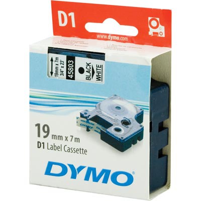 Dymo D1 märktejp, 19 mm, svart text på vit tejp, 7 m