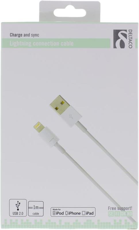 Deltaco USB-kabel lightning vit, 1m