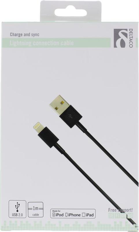 Deltaco USB-kabel lightning svart, 1m