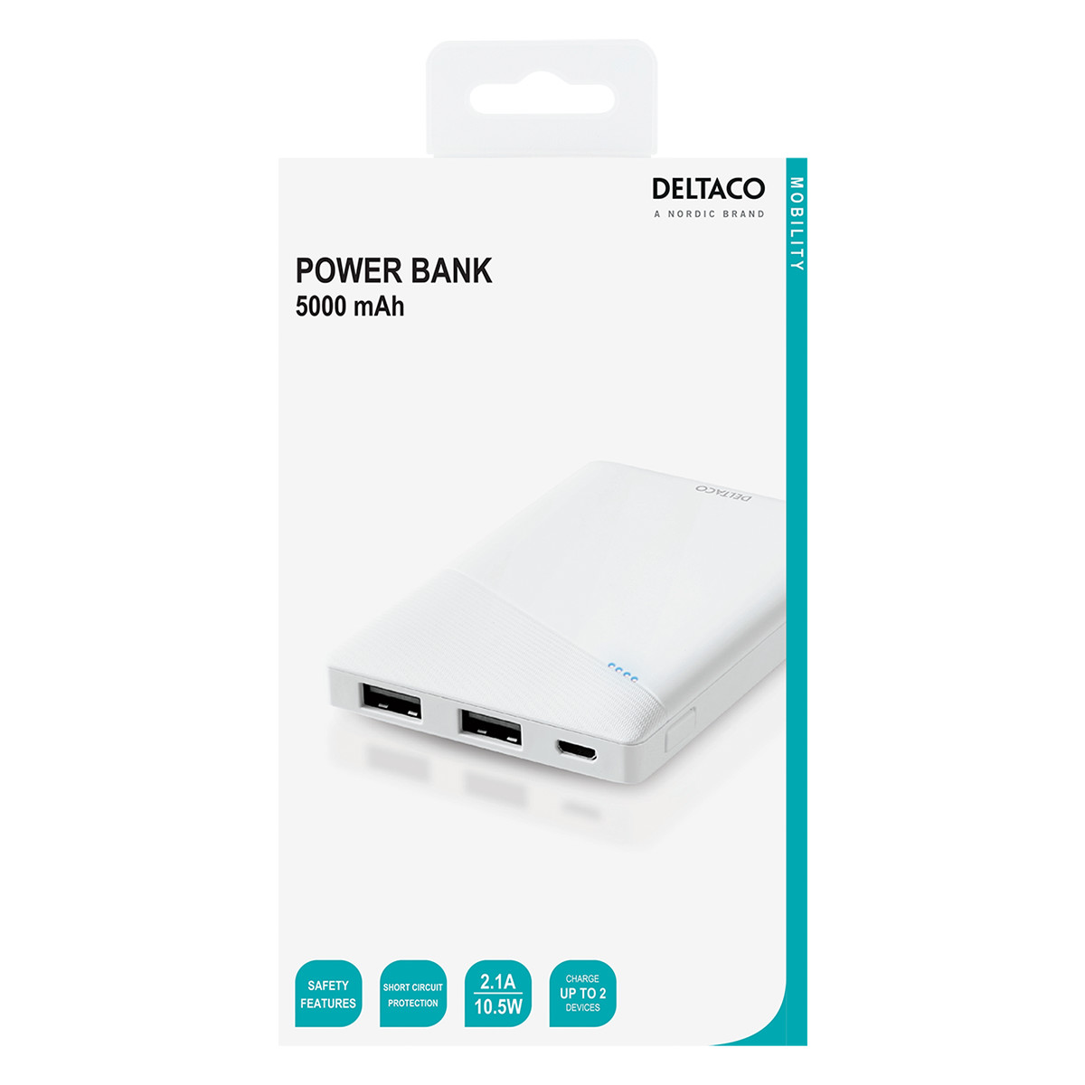 DELTACO Powerbank med 2st USB-A, 5000mAh, 10.5W