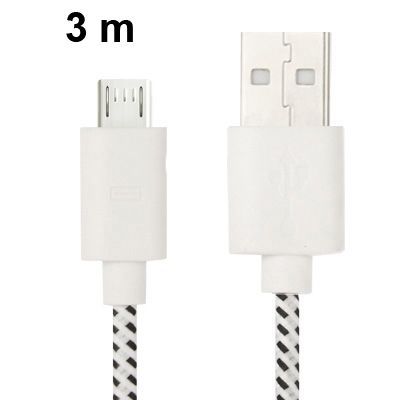 Micro-USB kabel vit/svart nylontyg, 3m