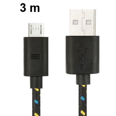 Micro-USB kabel svart nylontyg, 3m