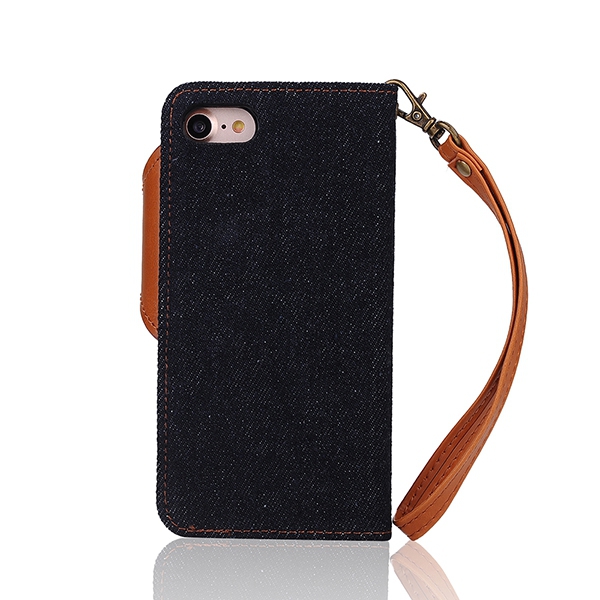 Trendigt jeans/läder fodral med band för iPhone 8/7, svart