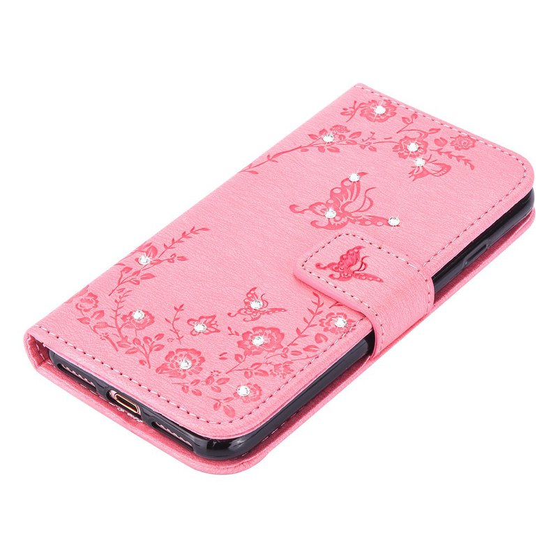 Embossment läderfodral med vristband och stöd, iPhone 8/7, rosa