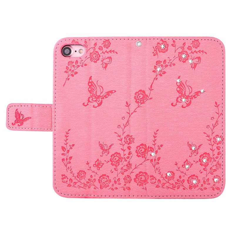 Embossment läderfodral med vristband och stöd, iPhone 8/7, rosa