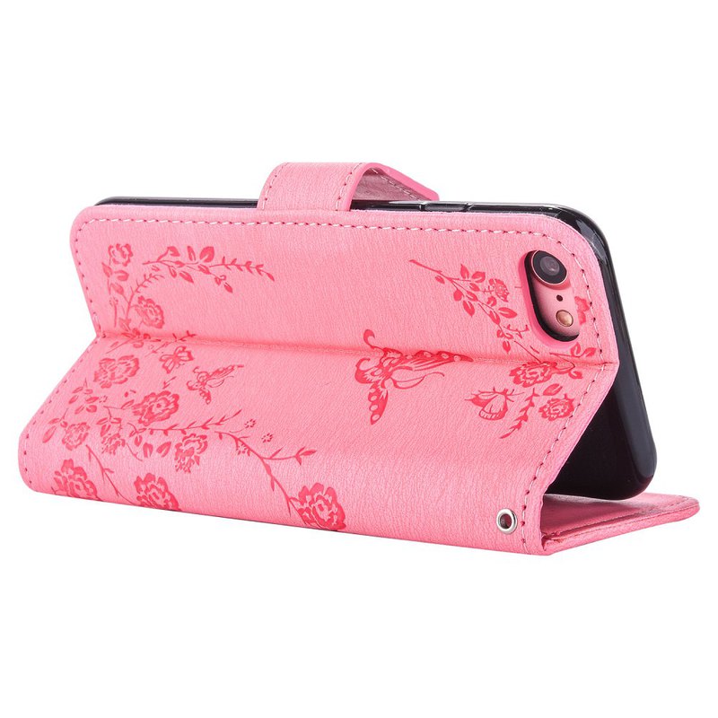 Embossment läderfodral med vristband och stöd, iPhone 8/7, rosa