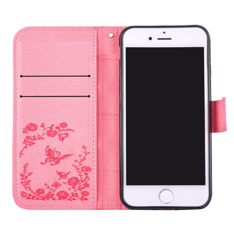 Embossment läderfodral med vristband och stöd, iPhone 8/7, rosa