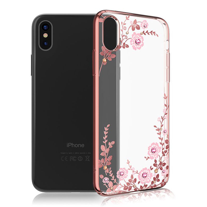 Kingxbar transparent skal med motiv rosa blommor, iPhone X