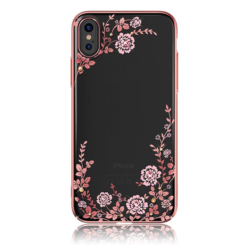 Kingxbar transparent skal med motiv rosa blommor, iPhone X