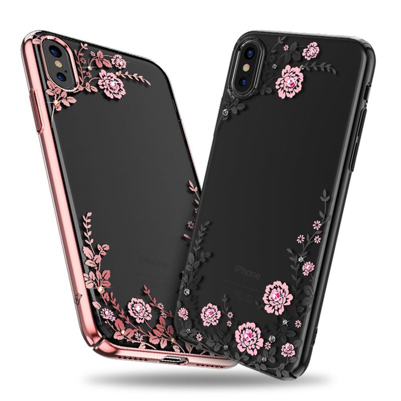 Kingxbar transparent skal med motiv rosa blommor, iPhone X