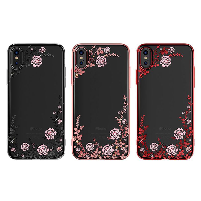 Kingxbar transparent skal med motiv rosa blommor, iPhone X