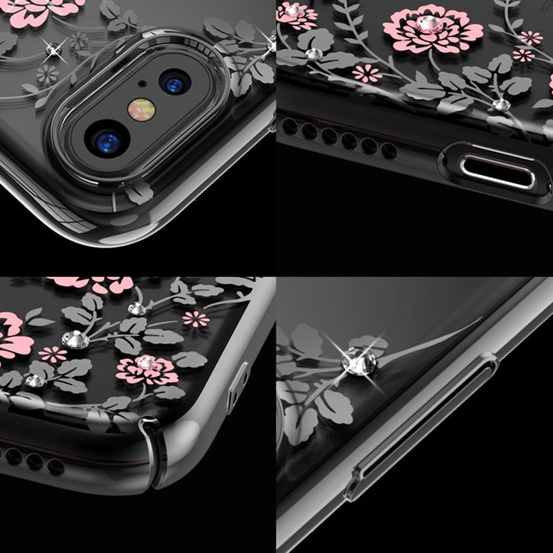Kingxbar transparent skal med motiv rosa blommor, iPhone X