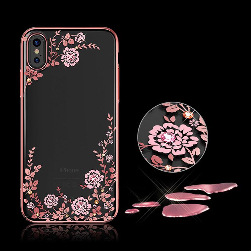 Kingxbar transparent skal med motiv rosa blommor, iPhone X
