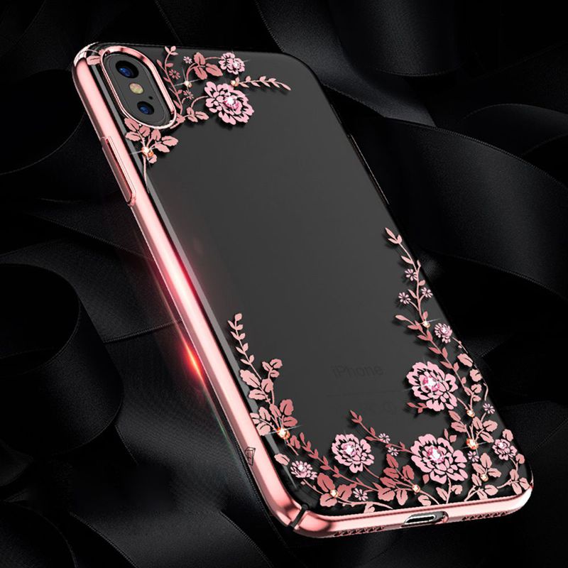 Kingxbar transparent skal med motiv rosa blommor, iPhone X