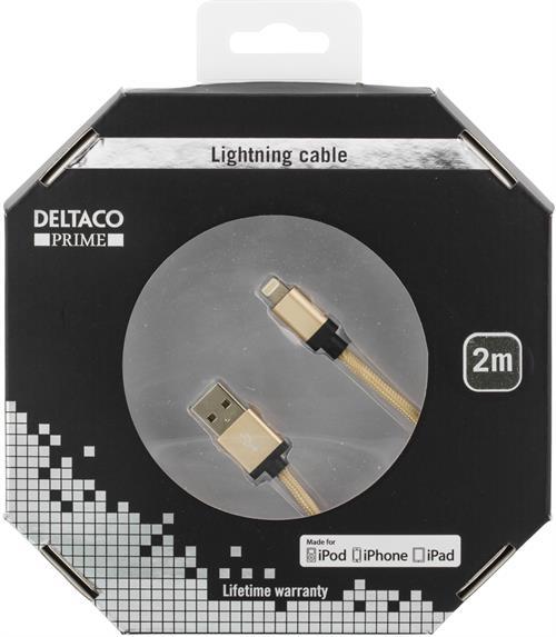 Deltaco Prime USB tygbeklädd Lightning-kabel guld, 2m