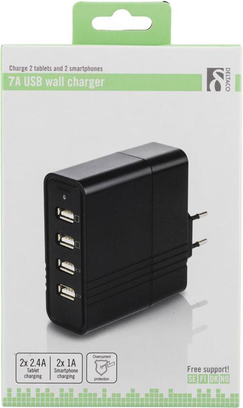 Deltaco väggladdare 230V till 5V USB 4xUSB-portar svart, 7A