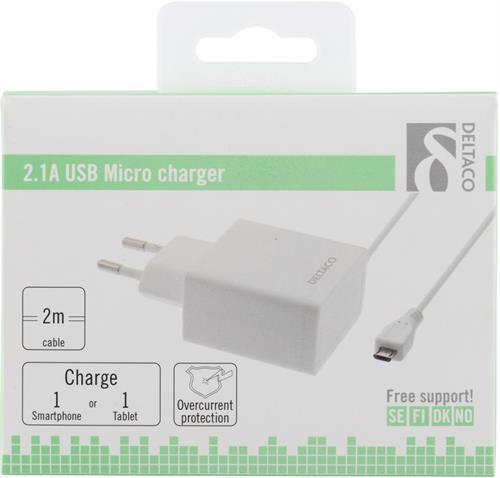 Deltaco väggladdare Micro-USB 2m, 2,1A