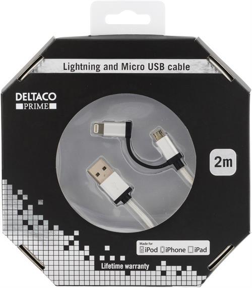 Deltaco Prime USB tygbeklädd Lightning/Micro-USB silver, 2m