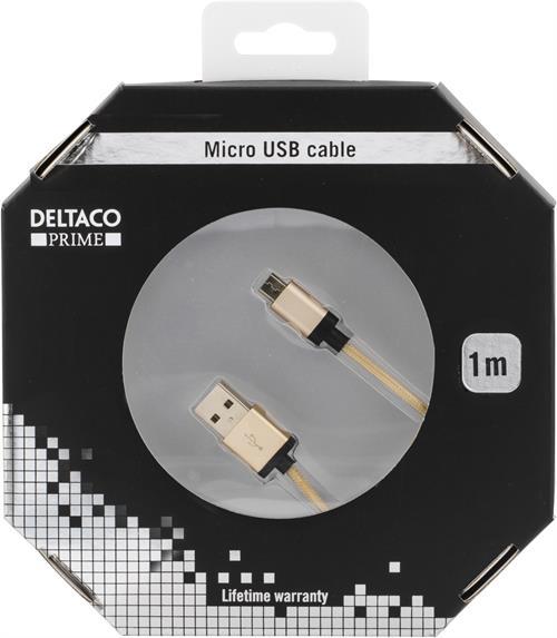 Deltaco Prime USB tygbeklädd Micro-B guld, 1m