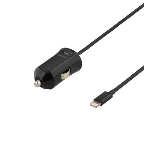 Deltaco billaddare 1xUSB integrerad Lightning-kabel MFi svart, 2,4A
