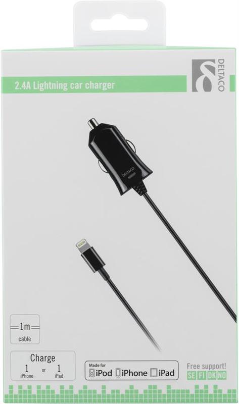 Deltaco billaddare 1xUSB integrerad Lightning-kabel MFi svart, 2,4A