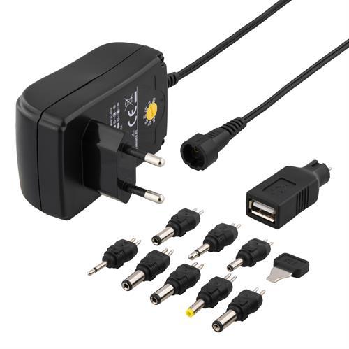 Nätadapter 110-230V till 3-12V DC 1.5 A USB utbytbara kontakter