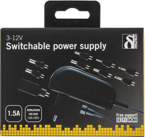 Nätadapter 110-230V till 3-12V DC 1.5 A USB utbytbara kontakter
