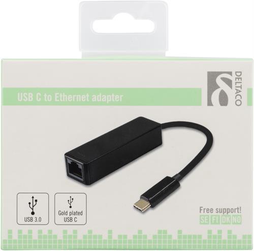 Deltaco USB 3.1 nätverksadapter, Gigabit, 1xRJ45, USB-C, svart