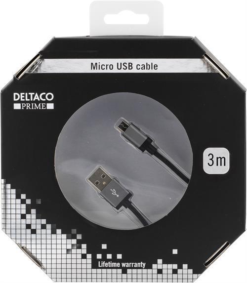 Deltaco Prime USB tygbeklädd Micro-B grå, 3m