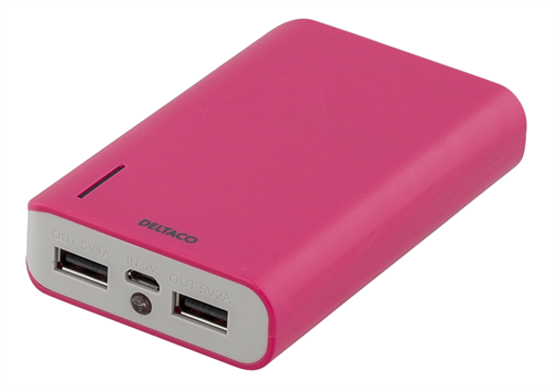 Deltaco Powerbank med ficklampa 6000mAh 2xUSB rosa, 2A