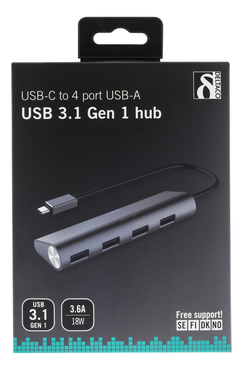 Deltaco USB 3.1 hub, aluminium, 4-port