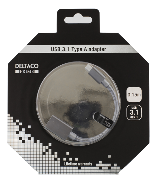 Deltaco PRIME USB 3.1 adapter, Typ C ha, Typ A ho, 0.15m, grå