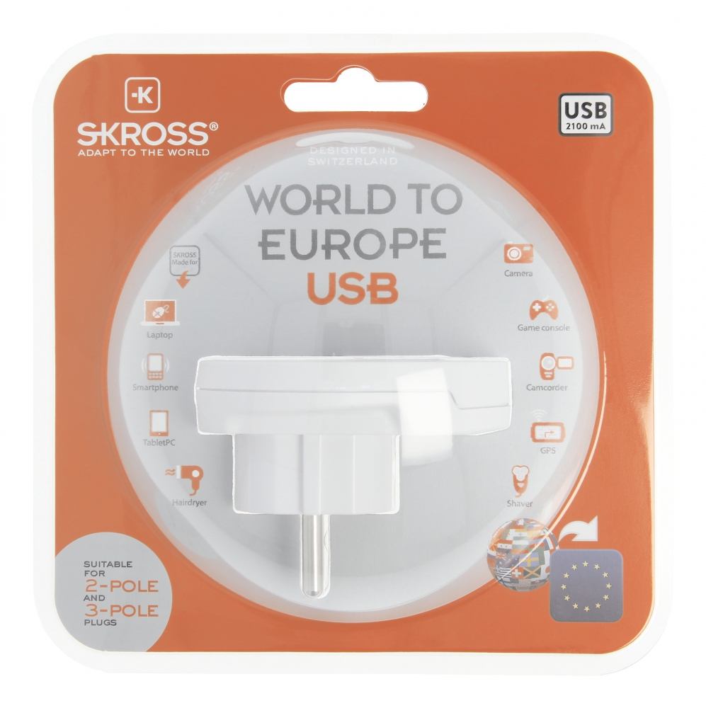 SKROSS, World to Europe USB, jordad, max 16A 4000W 250V AC, vit