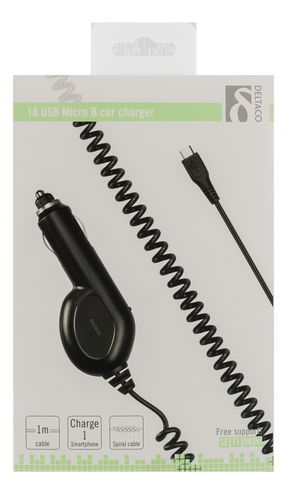 Deltaco billaddare, Micro USB, 1A, spiralkabel, svart