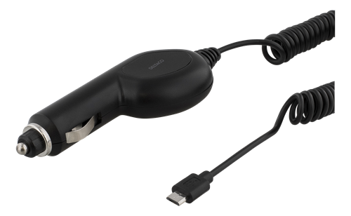 Deltaco billaddare, Micro USB, 1A, spiralkabel, svart