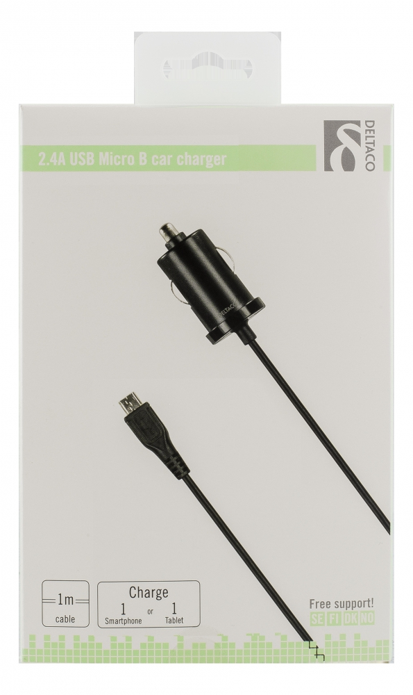 Deltaco billaddare 1xUSB integrerad kabel svart, 2.4A