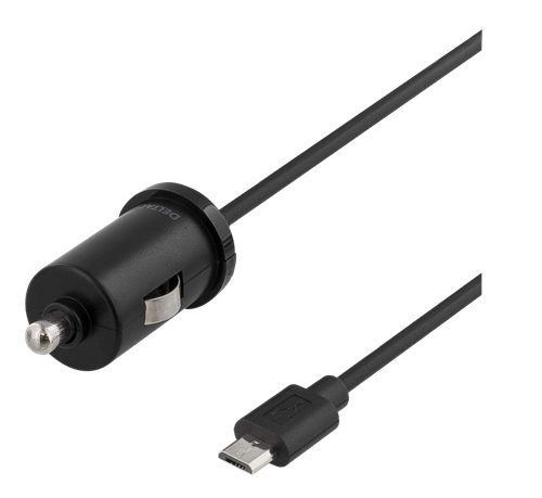 Deltaco billaddare 1xUSB integrerad kabel svart, 2.4A