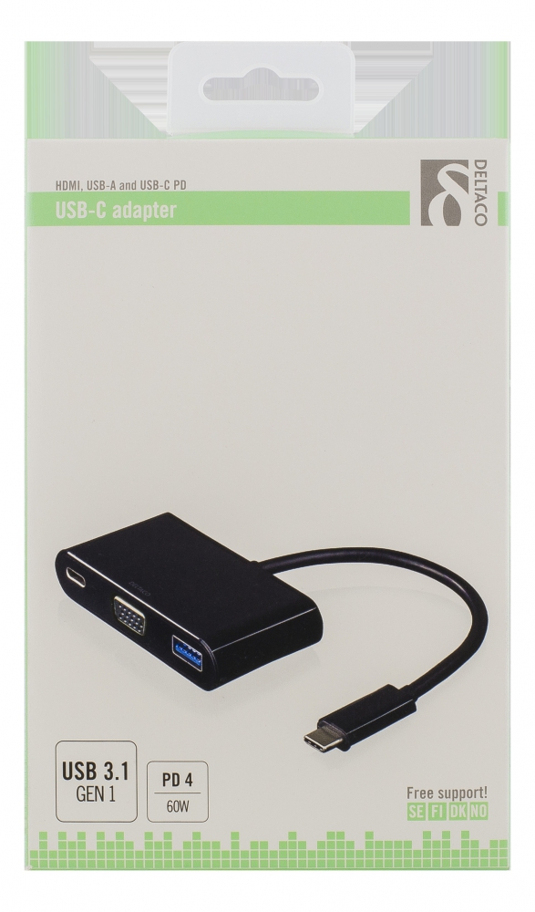 Deltaco USB-C till VGA och USB-adapter, 60W, svart