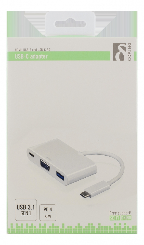 Deltaco USB-C till VGA och USB-adapter, 60W, vit