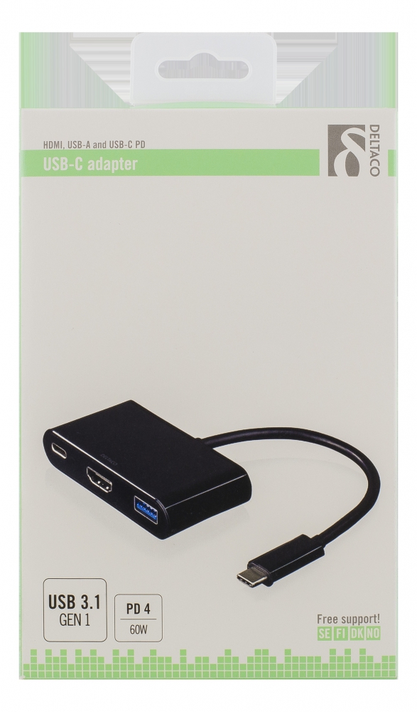 Deltaco USB-C till HDMI och USB Typ A adapter, USB-C ho, 60W