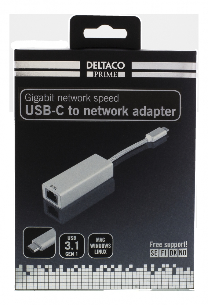 Deltaco Prime USB-C nätverksadapter, Gigabit, RJ45