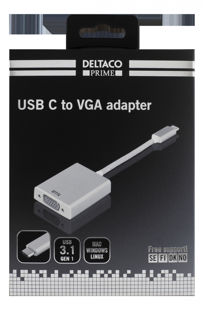 DELTACO PRIME USB-C till VGA adapter, 1080P, aluminium, silver