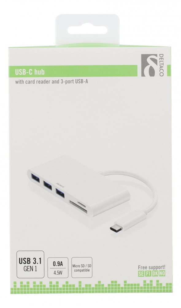 Deltaco USB 3.1 Gen 1-hubb, USB-C ha, 3xUSB Typ A ho, SD/microSD