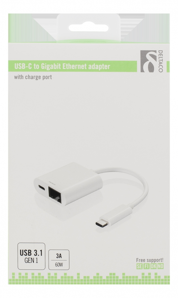 Deltaco USB-C nätversadapter, Gigabit, 1xRJ45, 1xUSB-C ha, vit
