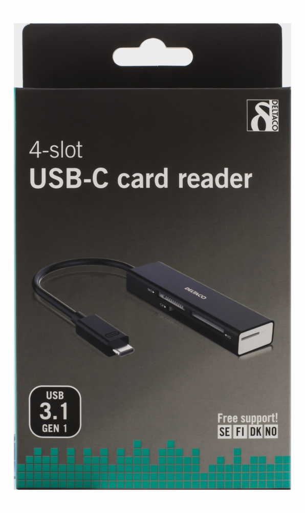 Deltaco USB 3.1 Gen 1 minneskortläsare, USB-C, 4 fack, svart